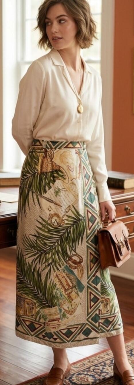 90's Sharon Young Tropical Print Boho Faux Wrap Skirt w/ Pocketwatch Design